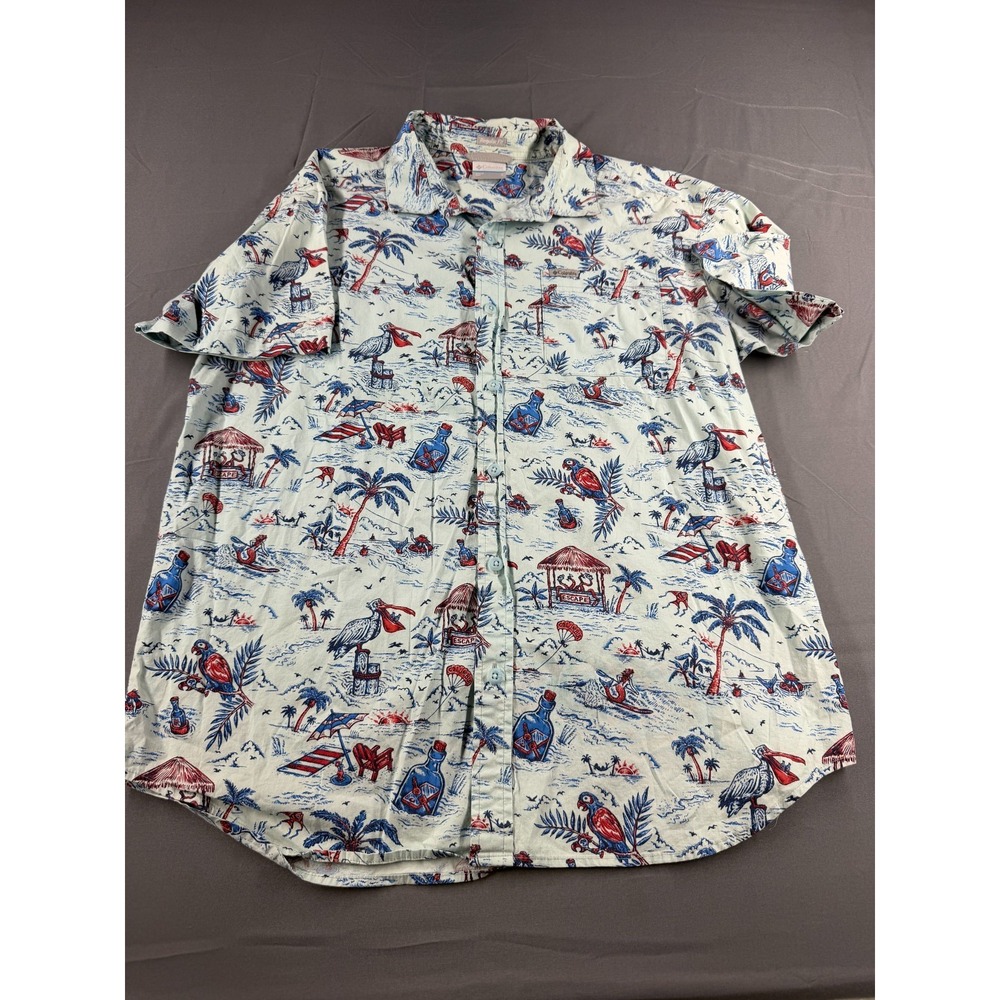 Columbia Mens L Tropical Hawaiian Shirt Parrot Pelican Beach Tiki Button Up